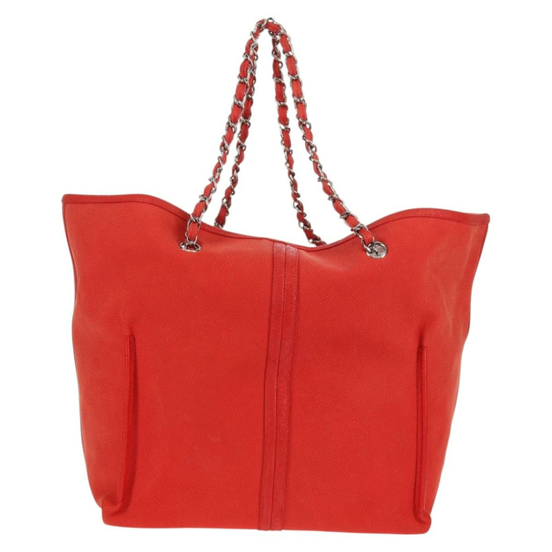 【日本直送】香奈兒山茶花鏈手提包，魚子醬紋皮革，紅色，銀色雙C標誌，正品編號142099V-1