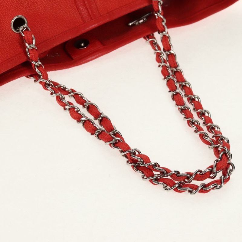 【日本直送】香奈兒山茶花鏈手提包，魚子醬紋皮革，紅色，銀色雙C標誌，正品編號142099V-7