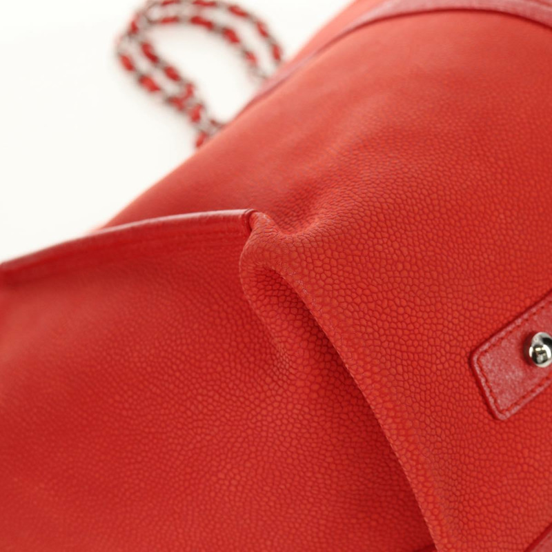 【日本直送】香奈兒山茶花鏈手提包，魚子醬紋皮革，紅色，銀色雙C標誌，正品編號142099V-17