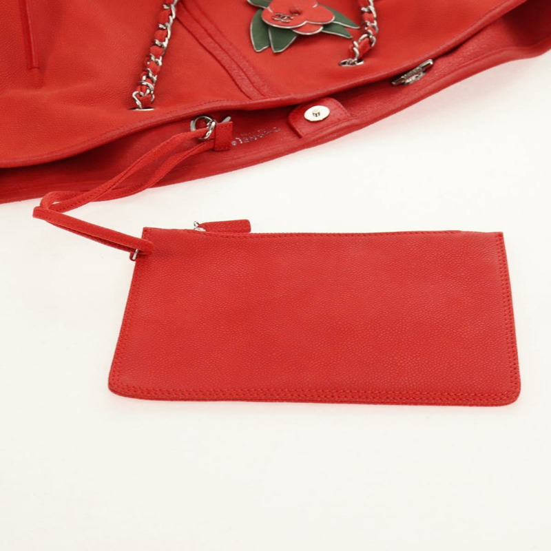 【日本直送】香奈兒山茶花鏈手提包，魚子醬紋皮革，紅色，銀色雙C標誌，正品編號142099V-20