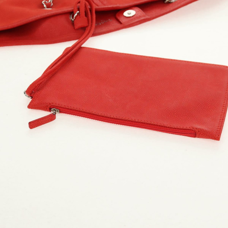 【日本直送】香奈兒山茶花鏈手提包，魚子醬紋皮革，紅色，銀色雙C標誌，正品編號142099V-22