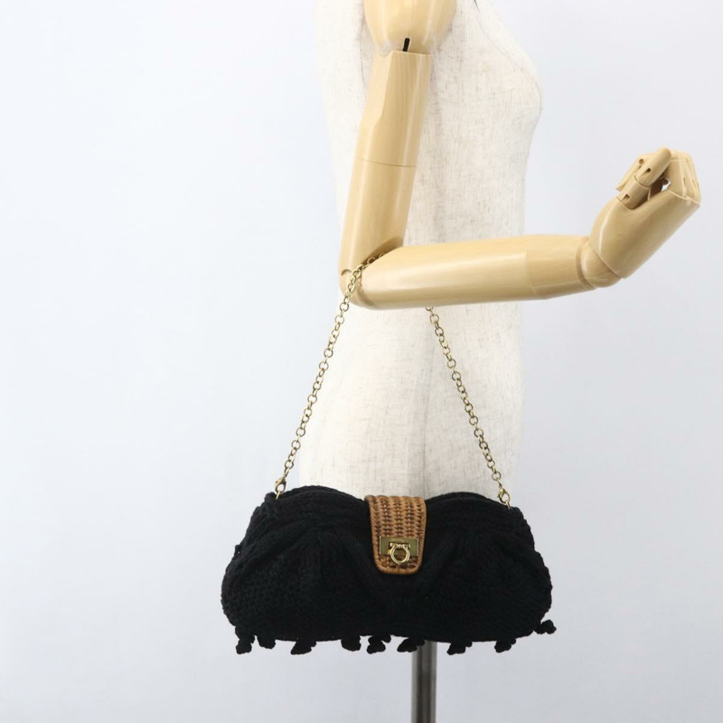 【日本直送】Salvatore Ferragamo 鏈條單肩包，針織布料，黑色，金色，正品，貨號 156985V-22