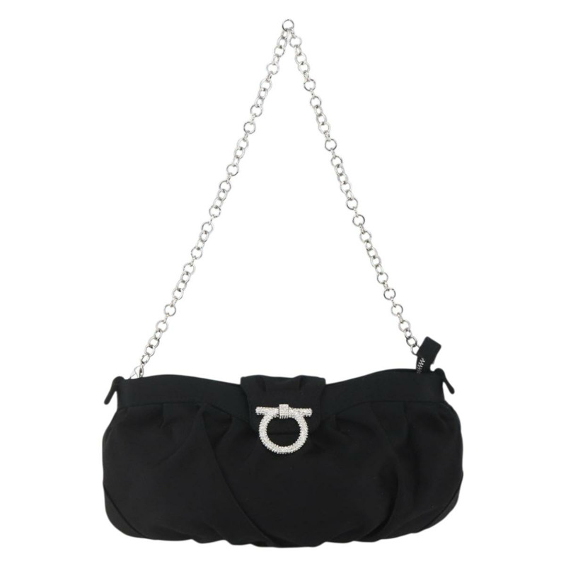 【日本直送】Salvatore Ferragamo Gancini 鏈條肩包 緞面黑色銀色 正品 156969V-12