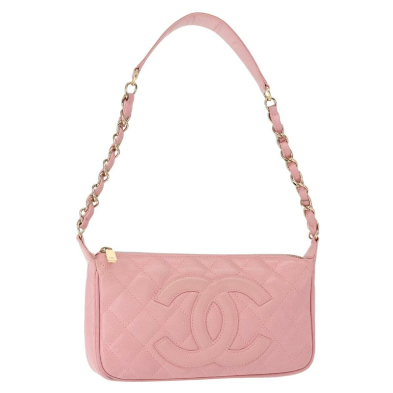 【日本直送】香奈兒 (CHANEL) 絎縫 COCO 標誌鏈包 魚子醬皮 粉紅色 金 CC 正品 156635SAM-0
