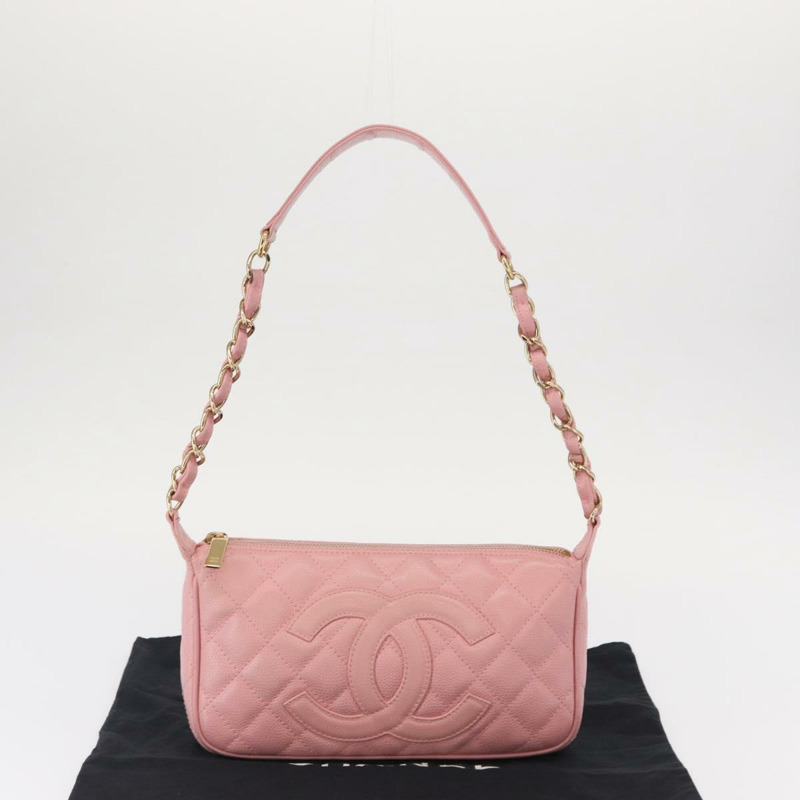 【日本直送】香奈兒 (CHANEL) 絎縫 COCO 標誌鏈包 魚子醬皮 粉紅色 金 CC 正品 156635SAM-11