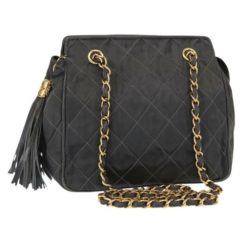 香奈兒 (CHANEL) 絎縫鏈條肩背包，緞面灰色，金色雙C標誌，貨號 156631V