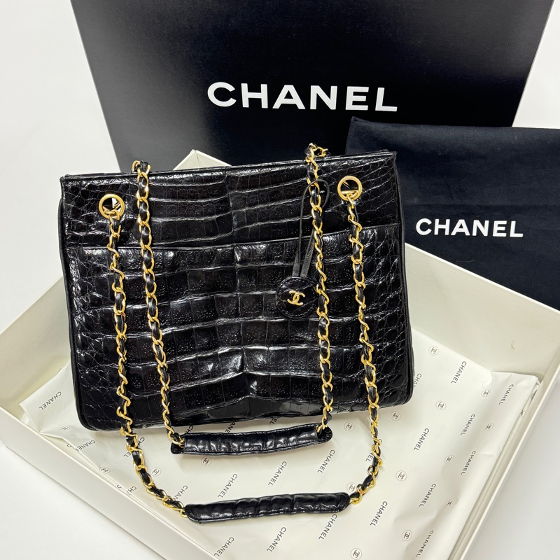 【極新🎁 真鱷魚皮】 Chanel 香奈兒 鱷魚皮 黑金托特包 專櫃60幾萬！-18