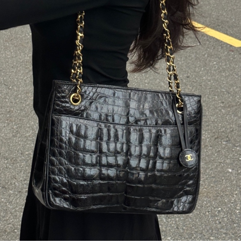 【極新🎁 真鱷魚皮】 Chanel 香奈兒 鱷魚皮 黑金托特包 專櫃60幾萬！-20