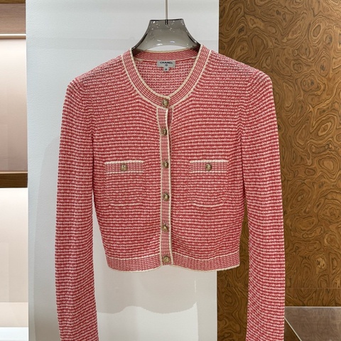 99新 chanel/香奈兒 粉白條紋 針織開衫 38碼 ，無附件