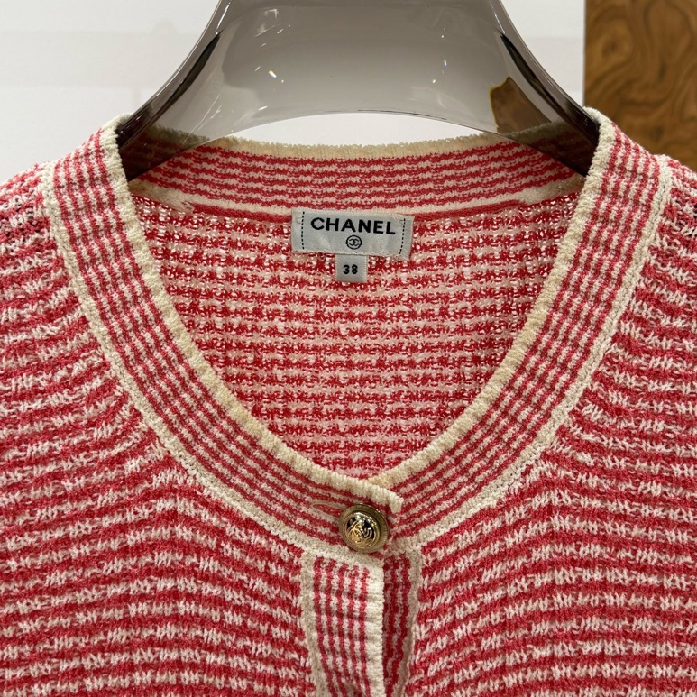 99新 chanel/香奈兒 粉白條紋 針織開衫 38碼 ，無附件-5