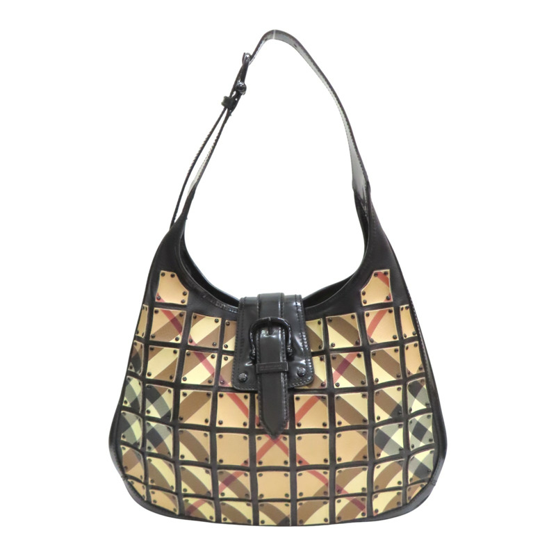 黑色 皮革 帆布 Nova格紋月牙包 肩背包【BURBERRY 巴寶莉】-0