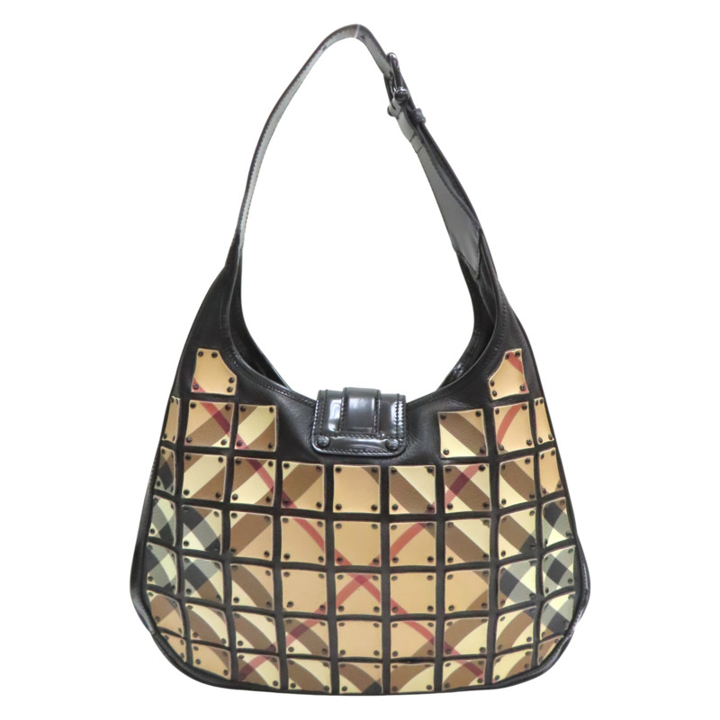 黑色 皮革 帆布 Nova格紋月牙包 肩背包【BURBERRY 巴寶莉】-1