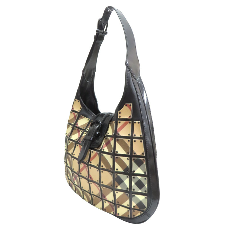 黑色 皮革 帆布 Nova格紋月牙包 肩背包【BURBERRY 巴寶莉】-2