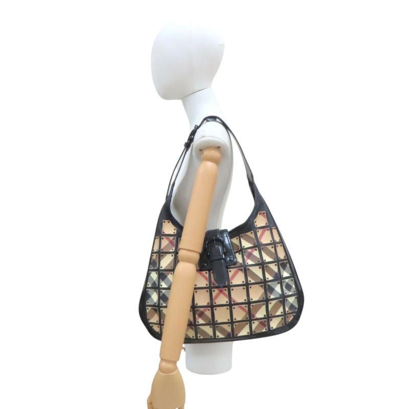 黑色 皮革 帆布 Nova格紋月牙包 肩背包【BURBERRY 巴寶莉】-9