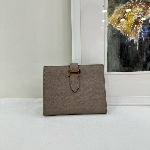 HERMES/愛馬仕大象灰金扣Bearn短版皮夾 C刻