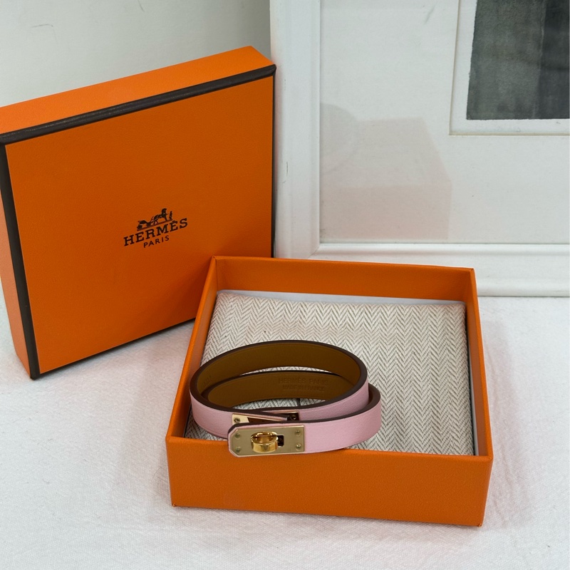 HERMES Kelly 雙圈凱利扣 小牛皮 手鍊 女款 粉 U刻-0