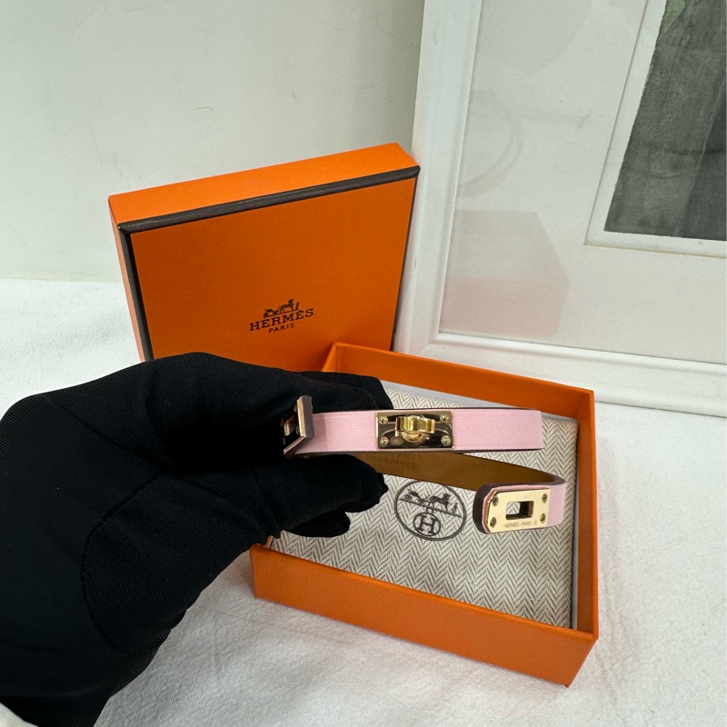 HERMES Kelly 雙圈凱利扣 小牛皮 手鍊 女款 粉 U刻-1