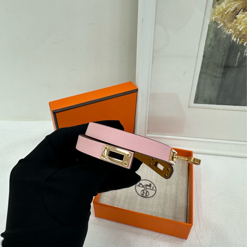 HERMES Kelly 雙圈凱利扣 小牛皮 手鍊 女款 粉 U刻-2