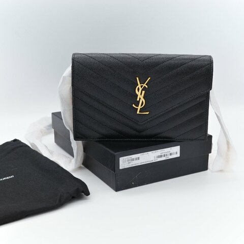 Saint Laurent 聖羅蘭 Classic Cassandre 黑色 山型紋 壓紋 牛皮 金色 五金 鍊帶錢包 多卡位