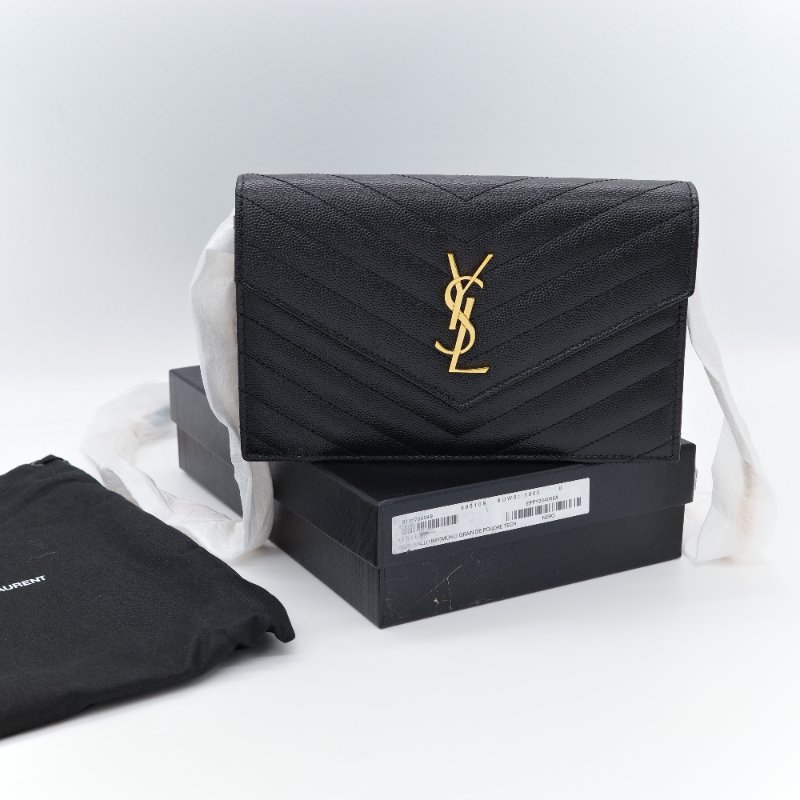 Saint Laurent 聖羅蘭 Classic Cassandre 黑色 山型紋 壓紋 牛皮 金色 五金 鍊帶錢包 多卡位-0
