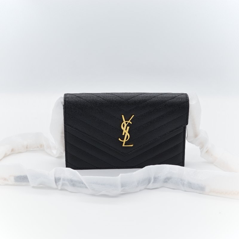 Saint Laurent 聖羅蘭 Classic Cassandre 黑色 山型紋 壓紋 牛皮 金色 五金 鍊帶錢包 多卡位-1
