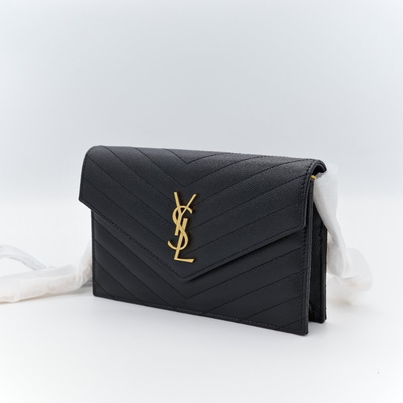 Saint Laurent 聖羅蘭 Classic Cassandre 黑色 山型紋 壓紋 牛皮 金色 五金 鍊帶錢包 多卡位-2