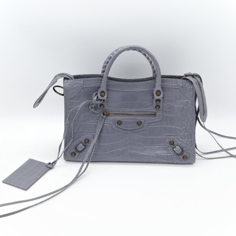 🌟超級新🌟【CP 精選🌟小編推薦】Balenciaga 巴黎世家 Calfskin Crocodile 藍灰色 牛皮 鱷魚壓紋 經典 機車包 Classic 手提包 斜背包-0