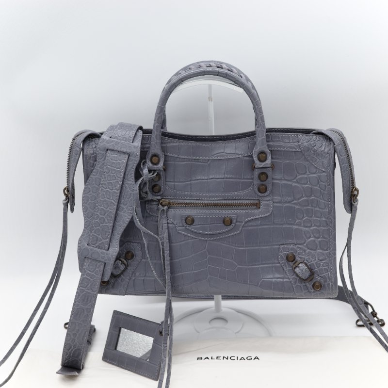 🌟超級新🌟【CP 精選🌟小編推薦】Balenciaga 巴黎世家 Calfskin Crocodile 藍灰色 牛皮 鱷魚壓紋 經典 機車包 Classic 手提包 斜背包-12