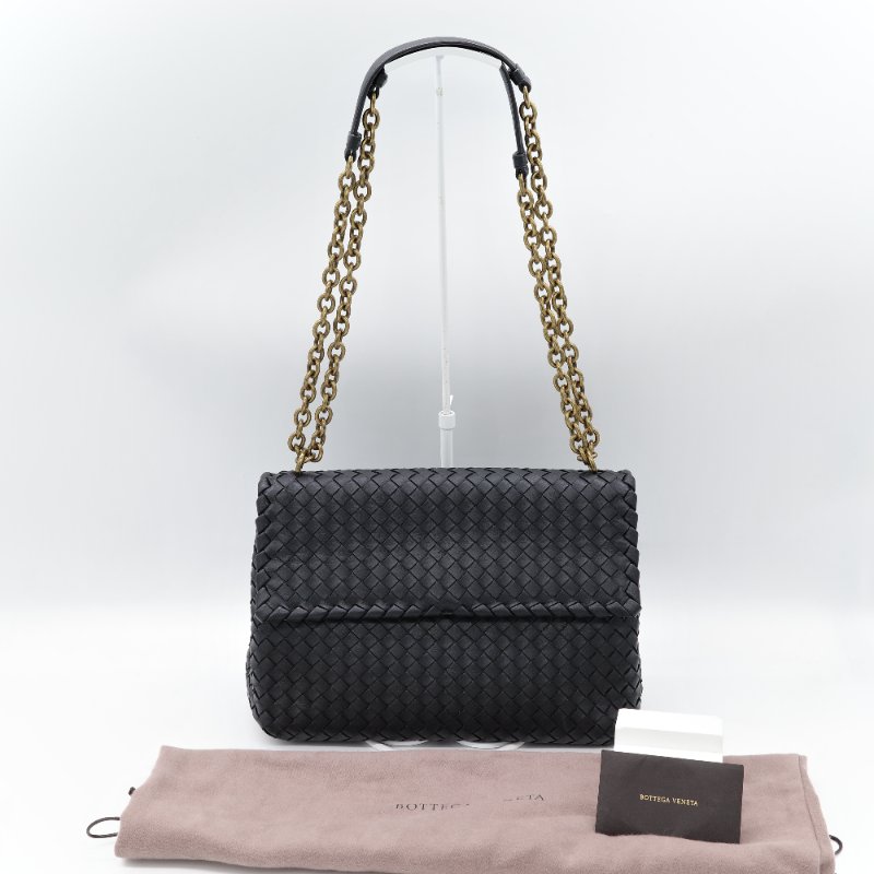 超級新♥️Bottega Veneta 寶緹嘉 Olimpia 大型 超級經典 雙鍊帶 黑色編織 小羊皮 肩背包 斜背包 通勤百搭-0