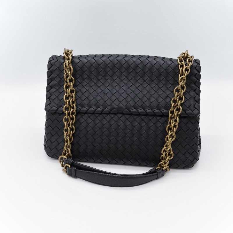 超級新♥️Bottega Veneta 寶緹嘉 Olimpia 大型 超級經典 雙鍊帶 黑色編織 小羊皮 肩背包 斜背包 通勤百搭-1