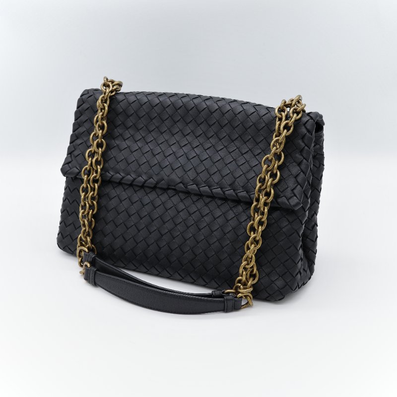 超級新♥️Bottega Veneta 寶緹嘉 Olimpia 大型 超級經典 雙鍊帶 黑色編織 小羊皮 肩背包 斜背包 通勤百搭-2