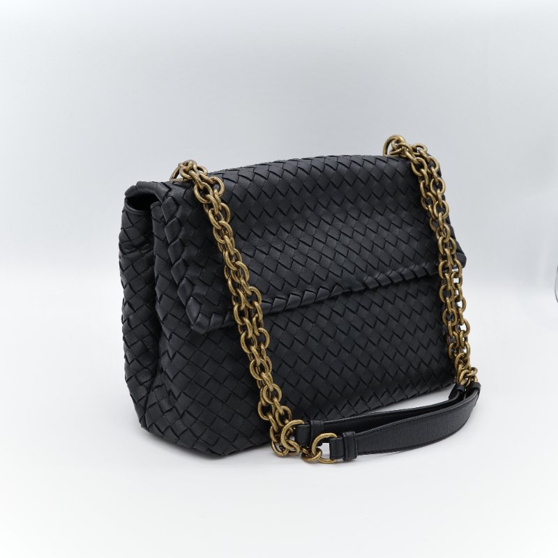 超級新♥️Bottega Veneta 寶緹嘉 Olimpia 大型 超級經典 雙鍊帶 黑色編織 小羊皮 肩背包 斜背包 通勤百搭-3