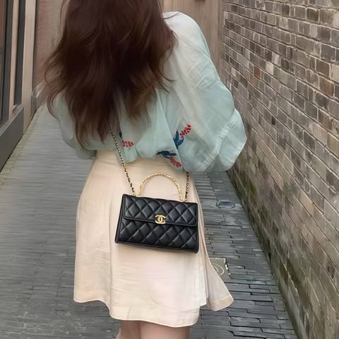✨Chanel 黑金琺琅手柄橫版Kelly 有購證 99新 晶片款🖤