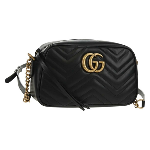 GUCCI GG Marmont 鏈條肩背包，黑色皮革，金色，貨號 447632，正品 am9985M