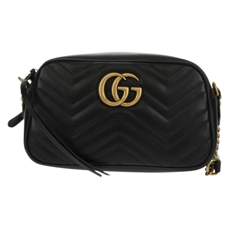 【日本直送】GUCCI GG Marmont 鏈條肩背包，黑色皮革，金色，貨號 447632，正品 am9985M-12