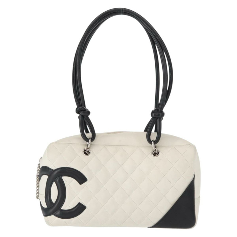 【日本直送】香奈兒 (CHANEL) 絎縫保齡球包 Cambon 系列小牛皮 白色 黑色 CC 標誌 Auth 156643V-12