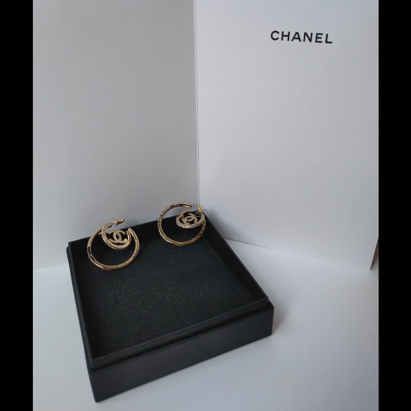 Chanel 淡金大C水鑽雙C耳環-0