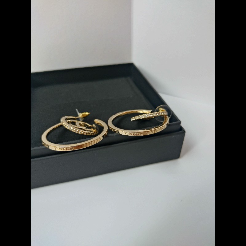 Chanel 淡金大C水鑽雙C耳環-4