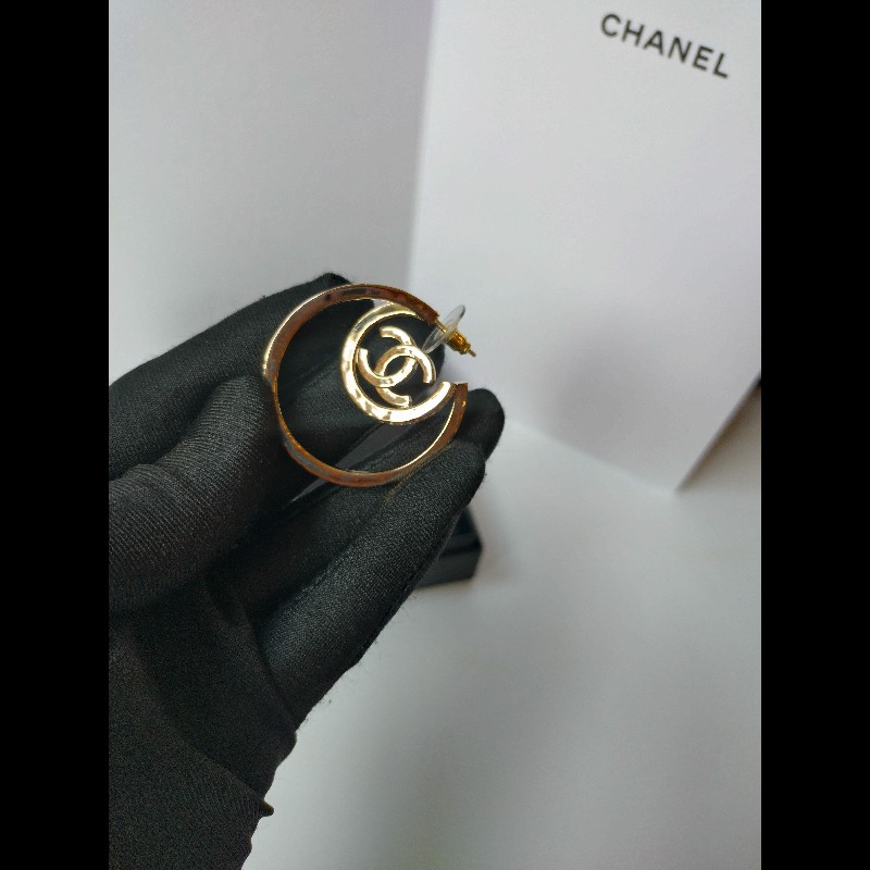 Chanel 淡金大C水鑽雙C耳環-6