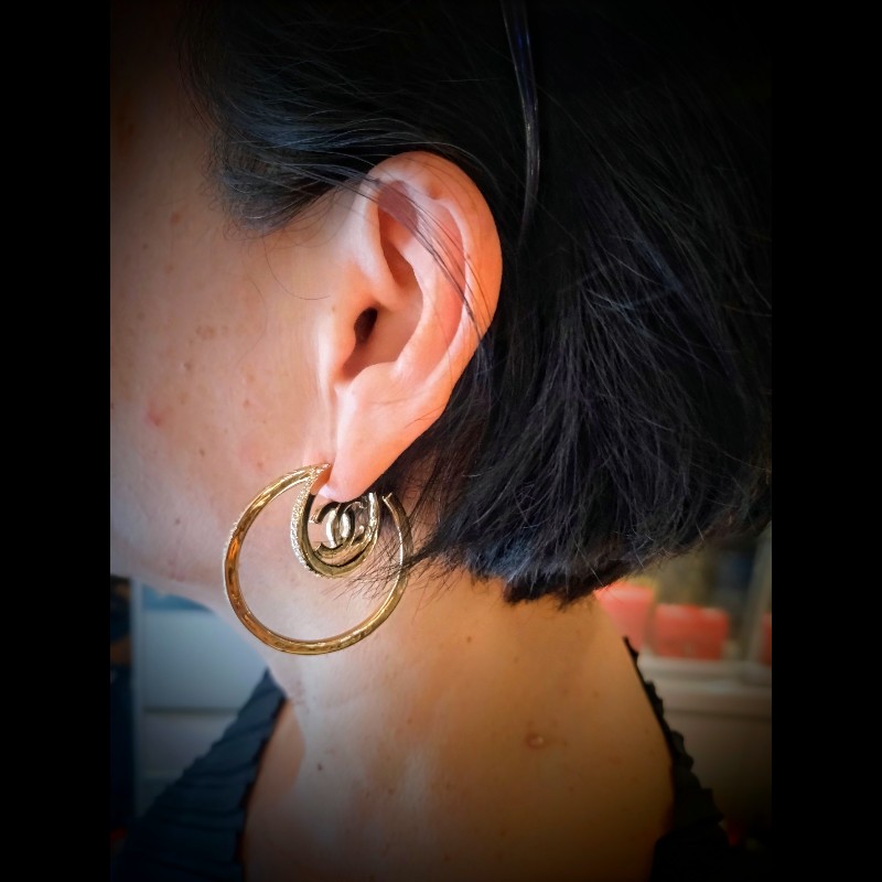 Chanel 淡金大C水鑽雙C耳環-10
