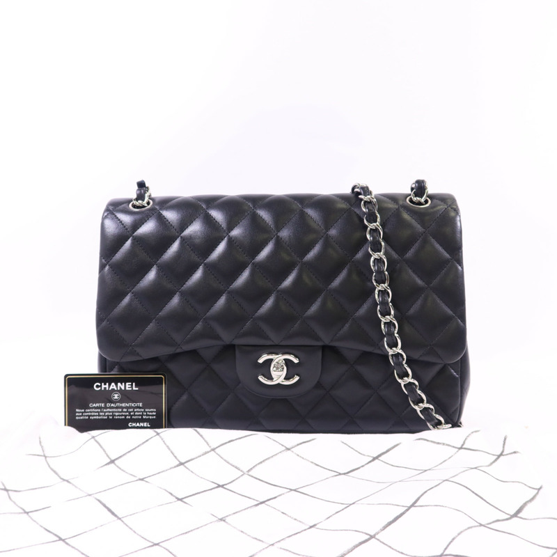 CHANEL 羊皮皮革Large Classic銀扣鏈帶手挽肩背兩用袋-18