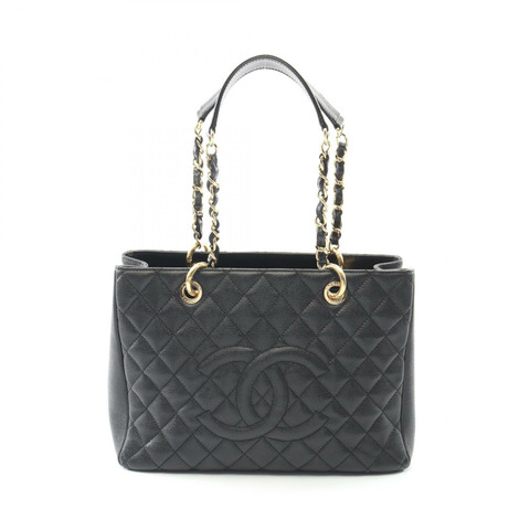 香奈兒 (CHANEL) Matelasse Grand Shopping GST 鏈條手提包，小牛皮，黑色，金色五金，二手 CC