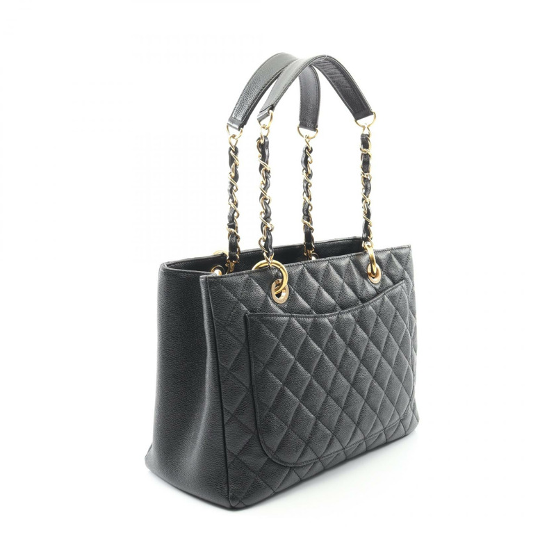 香奈兒 (CHANEL) Matelasse Grand Shopping GST 鏈條手提包，小牛皮，黑色，金色五金，二手 CC-1