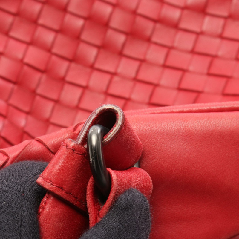 BOTTEGA VENETA 中 Campana Intrecciato 皮革單肩包 紅色 二手 女士-9