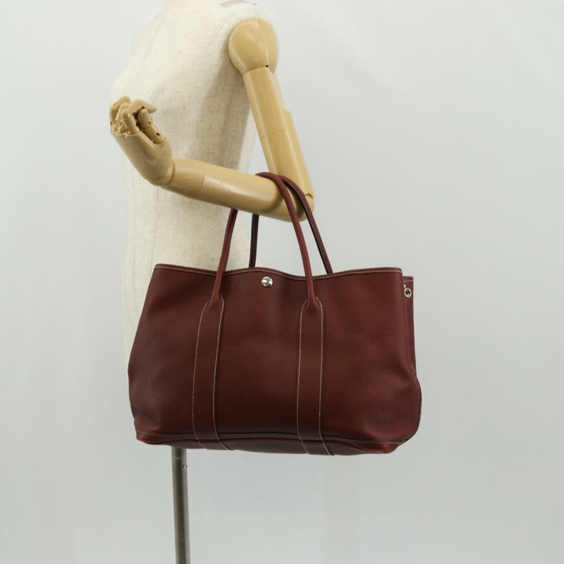 【日本直送】愛馬仕 Garden Party PM 手提包，酒紅色，銀色皮革，正品，貨號 153742V-21