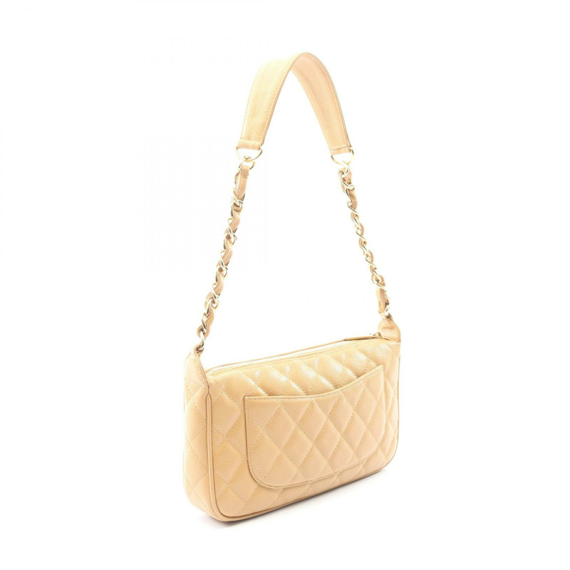 香奈兒 (CHANEL) Matelasse 鏈條肩背包,粒面小牛皮,米色,二手,女士,金色五金 CC-1