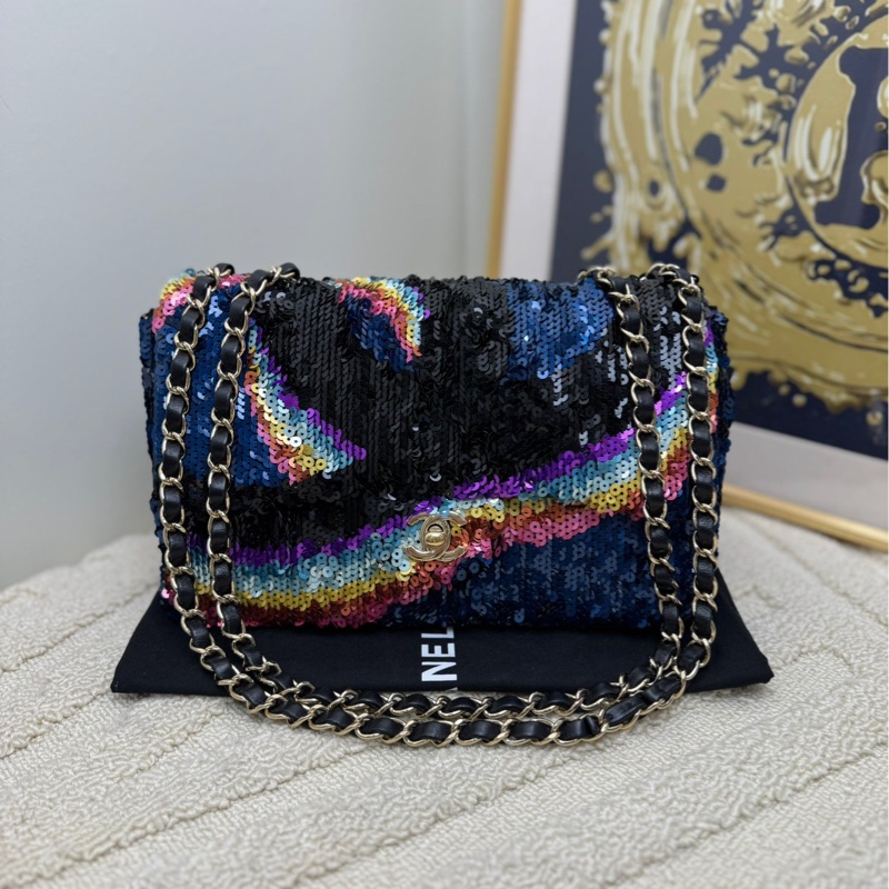 ❤️Chanel CF中號高級手工坊限量款復古彩色多色亮片單肩斜挎包-0