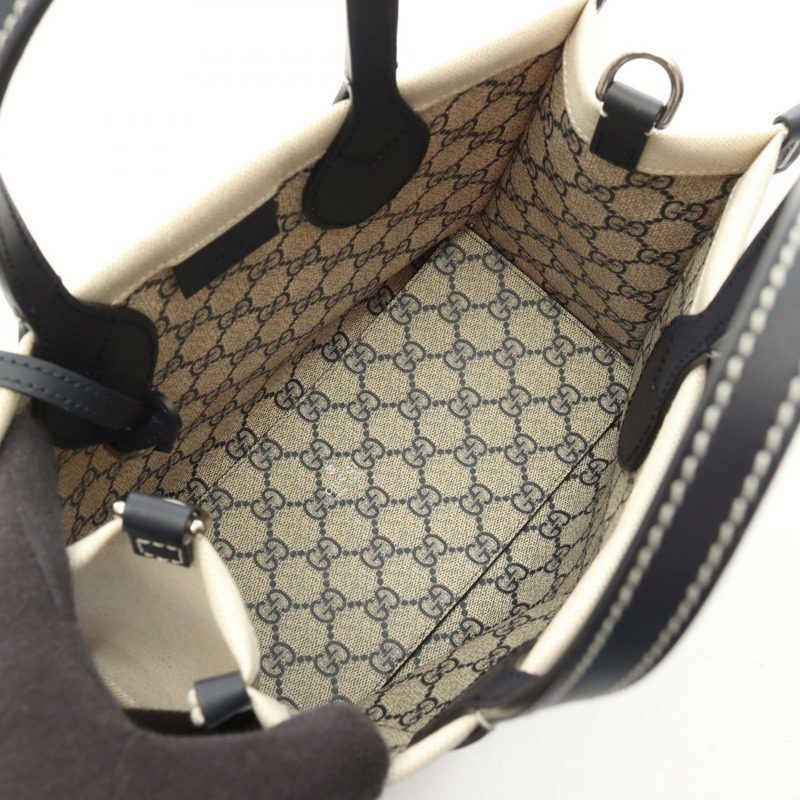 GUCCI 印花迷你手提包 772144 帆布皮革 米色 海軍藍 二手 女士-2