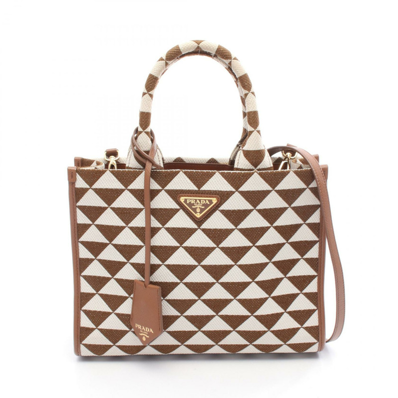 PRADA Symbol 小號肩斜背包 1BA354 帆布 棕色 白色 二手-0