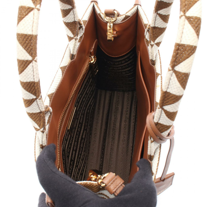 PRADA Symbol 小號肩斜背包 1BA354 帆布 棕色 白色 二手-2